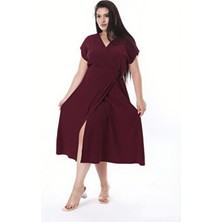 Şans Kadın Büyük Beden Bordo Bürümcük Kumaş Beli Tokalı Anvelop Elbise 65N38314