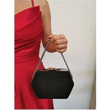 Kadın Bigtaş Görünümlü Siyah Abiye Clutch Zincir Askılı El Düğün Nişan Gece Omuz Çantası