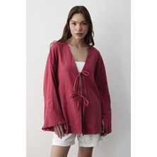 Jaste Kadın Yarasa Kol Düz Kimono %100 Pamuk Uzun Kollu Çift Bağlamalı Bej Desenli