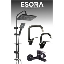 Siyah Robot Duş Seti , Siyah Krom Oynar Uçlu Eviye , Lavabo , Banyo Bataryası 4’lü Set