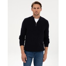 Pierre Cardin Erkek Lacivert Slim Fit Dik Yaka Fermuarlı Triko Kazak 50317363-VR033