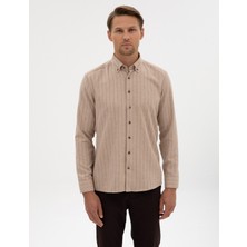 Pierre Cardin Erkek Vizon Çizgili Regular Fit Uzun Kollu Gömlek 50312366-VR052