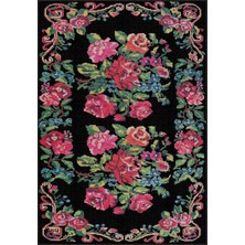 Aren Halı Chambe Çiçekli Siyah Polyester ve Pamuklu Yıkanabilir Kaydırmaz Taban Dijital Baskı Halı