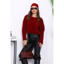 Bordo Bisiklet Yaka Angora Yumoş Crop Triko Kazak