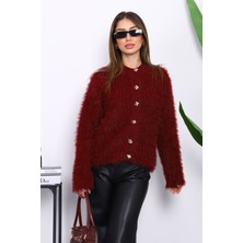 Bordo Düğmeli Simli Angora Yumoş Triko Hırka