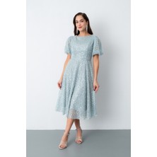 Kadın Mint Yeşili Balon Kol Pul Payet Midi Abiye Elbise