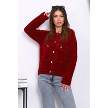İmaj Butik Bordo Dik Yaka Angora Yumoş Hırka