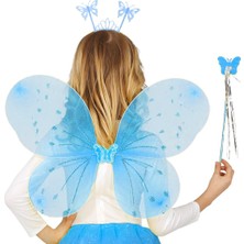 Mavi Kelebek Erkek-Kız Seti – 50 cm Kelebek Kanadı, Taç ve Asa