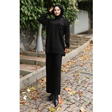 Triko Çiçek Işlemeli Tunik Pantolon Ikili Takım 1067-07 Siyah