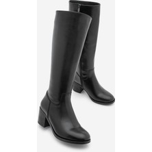 Marjin Kadın Topuklu Çizme Dizaltı Fermuarlı Günlük Klasik Çizme Yovar Siyah