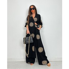 Glow Nakışlı Kimono Takın Uzun Maxi Boy Gömlek Pantolonlu Takım