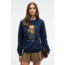 Grimelange AELORIA Kadın Lacivert Oversize Sweatshirt Uzun Kollu Hayvan Desenli Özel Tasarım