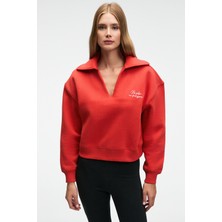 Grimelange HANEL Kadın V Gömlek Yaka Nakış Detaylı Regular Fit Kırmızı Sweatshirt