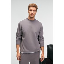 Grimelange EDMUND Erkek Kolu Baskılı Eteği Lastik ve Stoperli Bisiklet Yaka Koyu Gri Sweatshirt