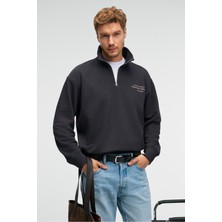 Grimelange BRAM Erkek %100 Pamuk Dik Yakalı Yarım Fermuarlı Baskılı Antrasit Sweatshirt