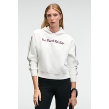 Grimelange VIRETHIA Kadın Ara Biyeli Baskı Ve Nakış Detaylı Kapüşonlu Relaxed Beyaz Sweatshirt
