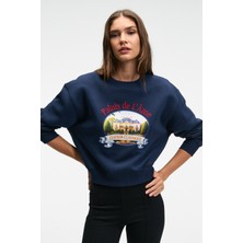 Grimelange TALMERA Kadın Önü Baskılı Yuvarlak Yaka Lacivert Sweatshirt