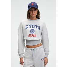 Grimelange SORELLIA Kadın Bisiklet Yaka Üzerine Oturan Beli Korseli Baskılı Regular Grimelanj Sweatshirt