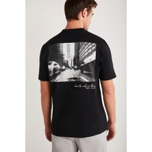 Grimelange MALIK Erkek %100 Pamuklu Baskı Ve Nakış Detaylı Kısa Kollu Siyah T-Shirt