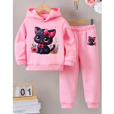 Kids Face Özel Tasarım Kapüşonlu Pembe Kurdeleli Minik Kara Kedi Baskılı Kışlık Kız Çocuk Eşofman Takımı