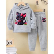 Kids Face Özel Tasarım Kapüşonlu Pembe Kurdeleli Minik Kara Kedi Baskılı Kışlık Kız Çocuk Eşofman Takımı