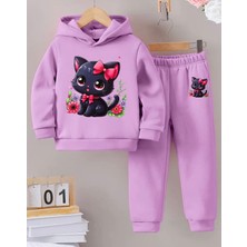 Kids Face Özel Tasarım Kapüşonlu Pembe Kurdeleli Minik Kara Kedi Baskılı Kışlık Kız Çocuk Eşofman Takımı