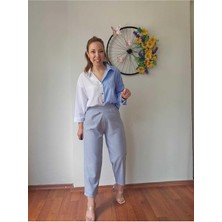 Yüksek Bel Beli Lastikli Likralı Keten Haki Yeşil Renk Kadın Şalvar Pantolon