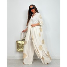 Glow Nakışlı Kimono Takın Uzun Maxi Boy Gömlek Pantolonlu Takım