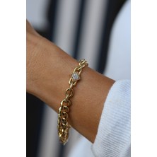 14 Ayar Altın Kübik Taş Objeli Gurmet Zincir Bileklik