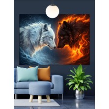 Ateş ve Buz Temalı Kurt Portresi Dekoratif Kanvas - Mdf Ahşap Tablo