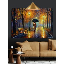 Yağmurda Şemsiyeli Kadın Sokak Lambası Dekoratif Kanvas - Mdf Ahşap Tablo