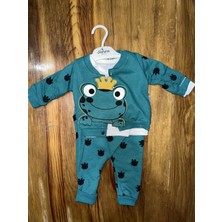 3-12 Aylık Kurbağa Desenli Üçlü Takım Koyumavi