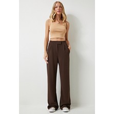 Happiness İstanbul RV00150 Kadın Kahverengi Cırtlı Dokuma Pantolon Regular Fit Klasik Stil Orta Kalınlık
