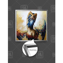 Mavi Kuş Tüyü Başlıklı Sırtı Dönük Çıplak Kadın Modern Dekor Çerçeveli Kare Kanvas Tablo