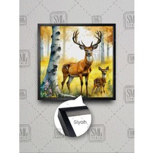 Anne Geyik Yavrusu Yaban Hayatı Ren Geyiği Çerçeveli Kare Kanvas Tablo