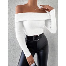 Uzun Kol Madonna Yaka Bluz Beyaz