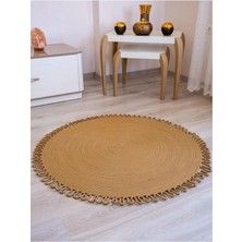 Özcan Tasarım Yuvarlak Bej Örme Jüt Halı - Beyaz Hasır - Jüt Daire Halı