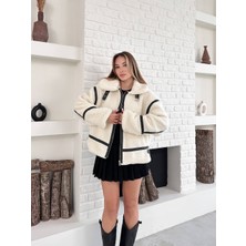 My Lunessa Siyah Şeritli Ekru Peluş Mont