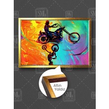 Hayali Olan Bisikletli Çocuk ve Motorsikletlinin Içindeki Çocuk Çerçeveli Yatay Kanvas Tablo