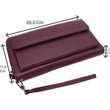 Westpolo Daisy Unisex Hakiki Deri Kağıt Para ve Telefon Bölmeli Uzun Cüzdan, El Portföyü - Mor