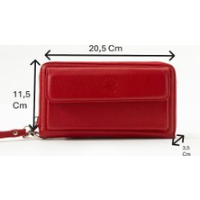 Westpolo Daisy Unisex Hakiki Deri Kağıt Para ve Telefon Bölmeli Uzun Cüzdan, El Portföyü - Kırmızı