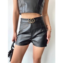Tokalı Deri Şort Siyah S24444