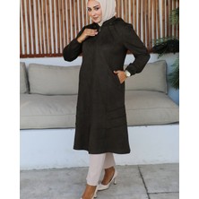 Ahucan Kadın Büyük Beden Kapüşonlu Ara Boy Süet Kap