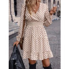 Nidam Butik Kadın Uzun Kollu Kruvaze Yaka Desenli Mini Modal Elbise
