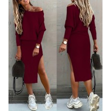 Sosostyle Kadın Uzun Kollu Düşük Omuz Yırtmaç Detay Kaşkorse Etek Bluz Ikili Takım