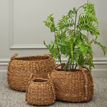 Bahçem Dekoratif Kulplu Seagrass Hasır Sepet Konik Yuvarlak 3'lü Takım Set