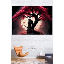 Kırmızı Akça Ağaç ve Samurai Duvar Örtüsü Duvar Halısı Wall Tapestry