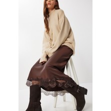 Dantel Detaylı Saten Midi Etek LDP0085 Kahverengi