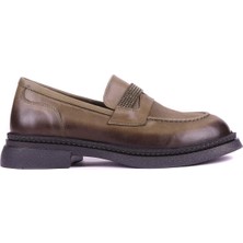 Shoetyle - Hakiki Deri Haki Renk Kadın Loafer - 25101905