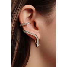 Yılan Tasarım Dizi Baget Zirkon Taşlı Kıkırdaklı Earcuff Küpe Gold